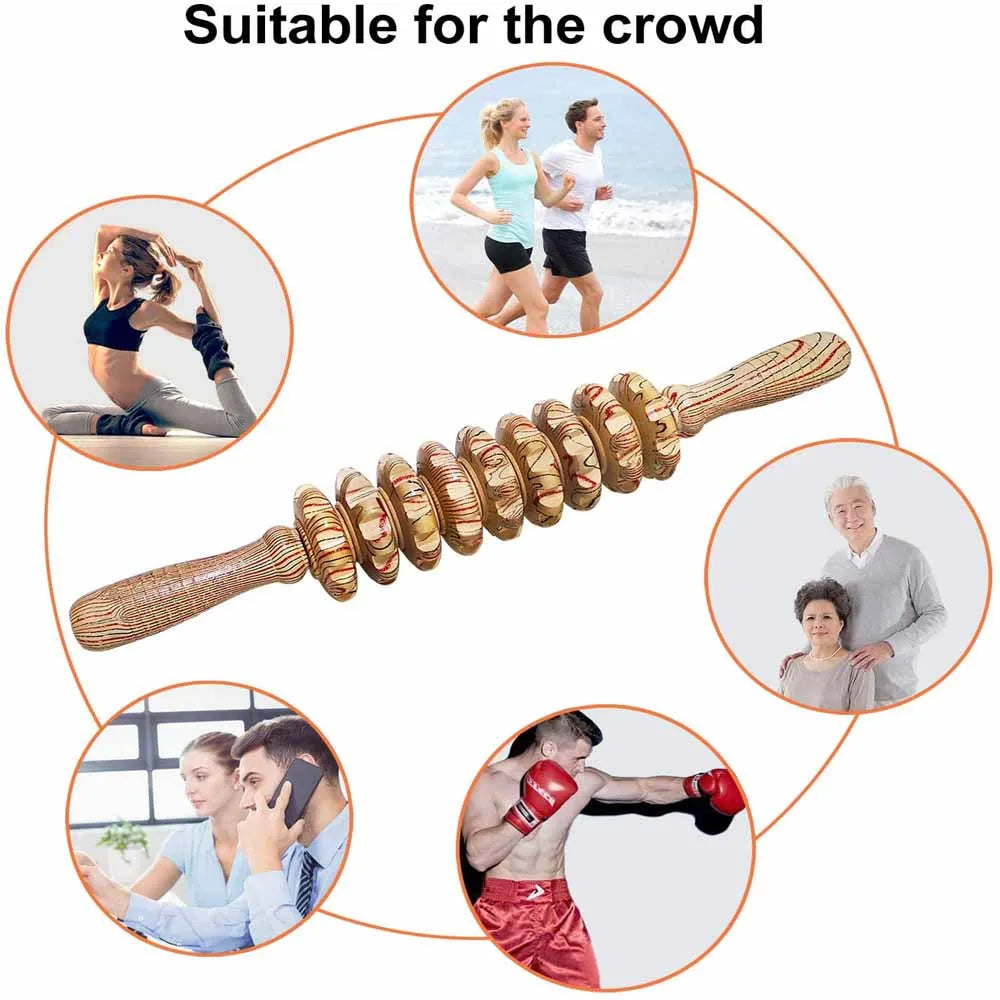 Wooden 9-Roller Handheld Massager Stick
