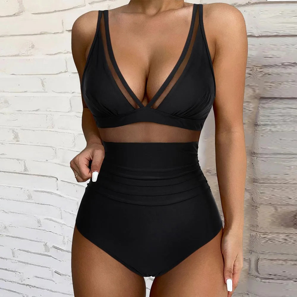 Deep V-neck Solid One-piece Swimsuit