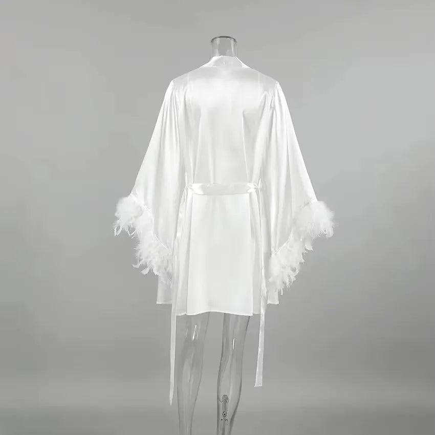 Elegant Wedding Bride Feather Kimono Robe