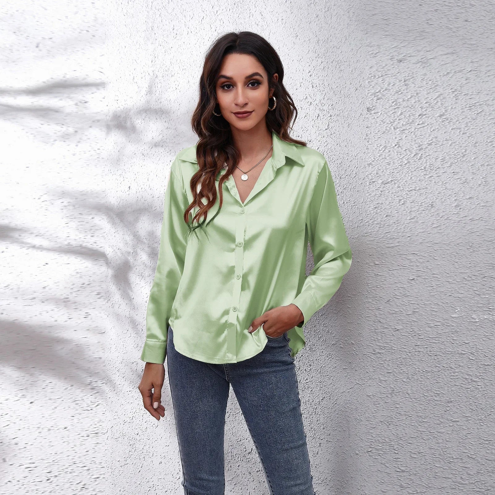 Elegant Satin Silk Long Sleeve Button-Up Shirt