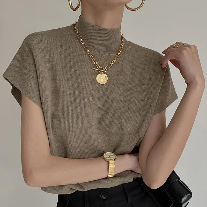 Elegant Knitted Stand Collar Short Sleeve Top