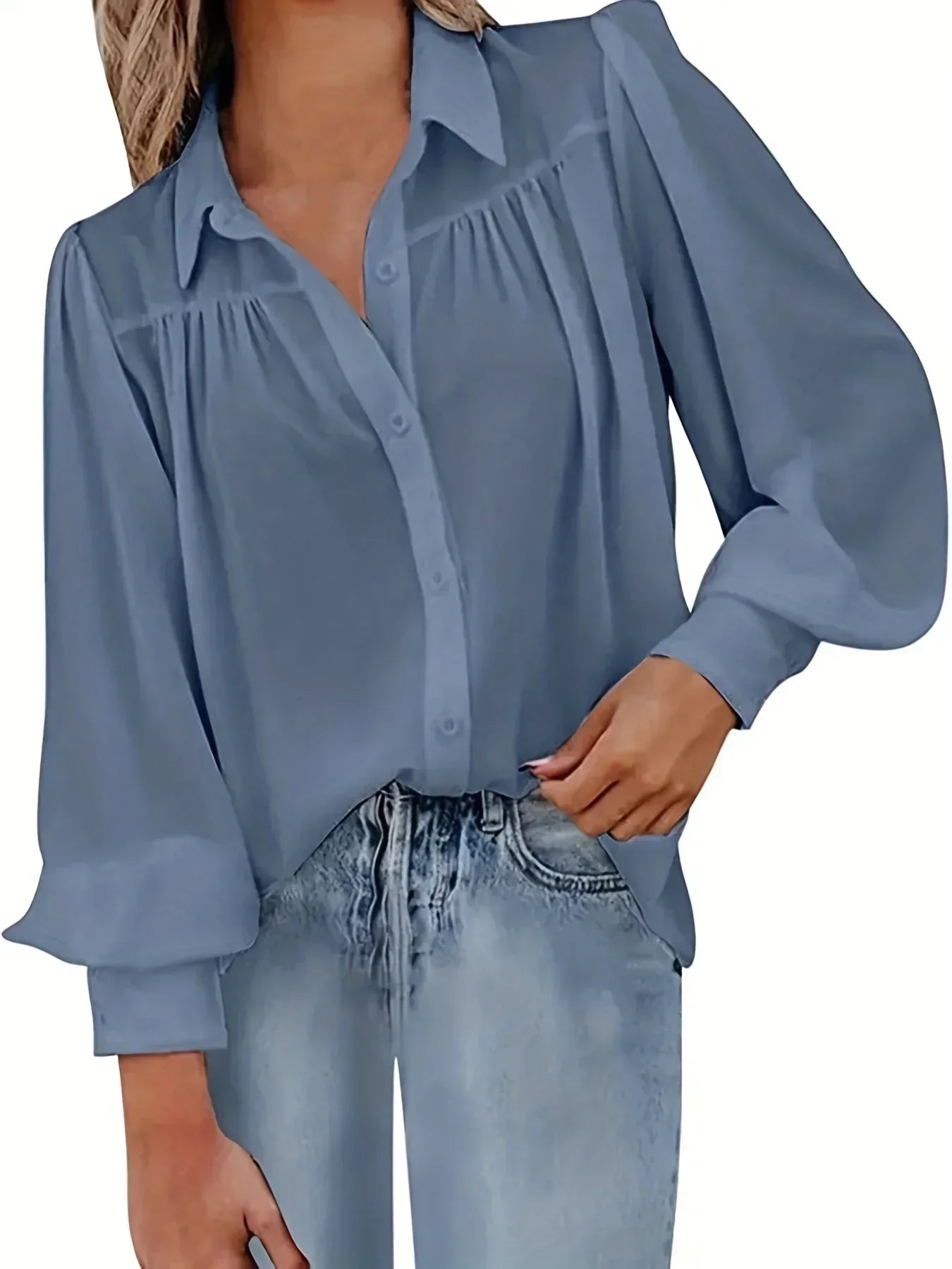 Plus Size Lantern Sleeve Button-Up Blouse