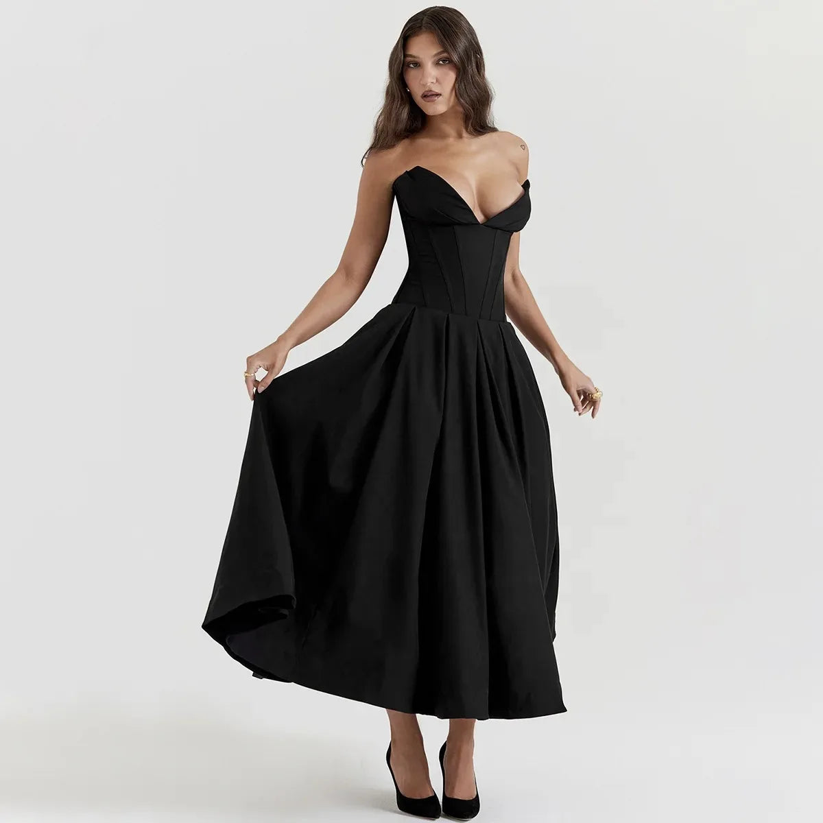 Elegant Black Strapless Corset Midi Dress
