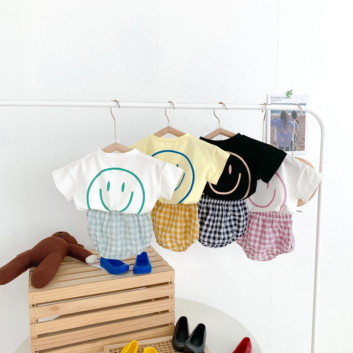 Summer Baby Smile T-Shirt and Plaid Shorts Outfit Set