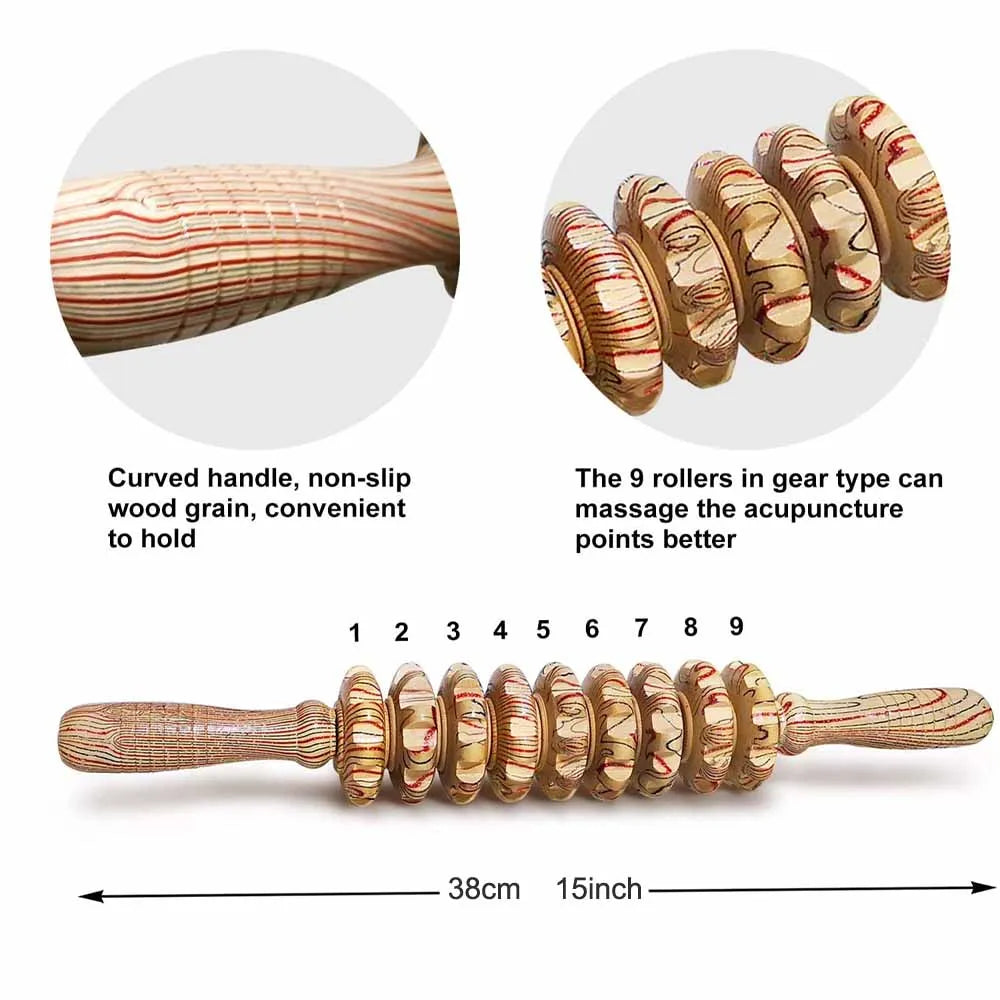 Wooden 9-Roller Handheld Massager Stick