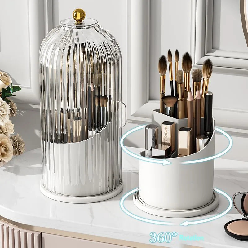 360° Rotating Makeup Brush Holder with Lid and Storage Box