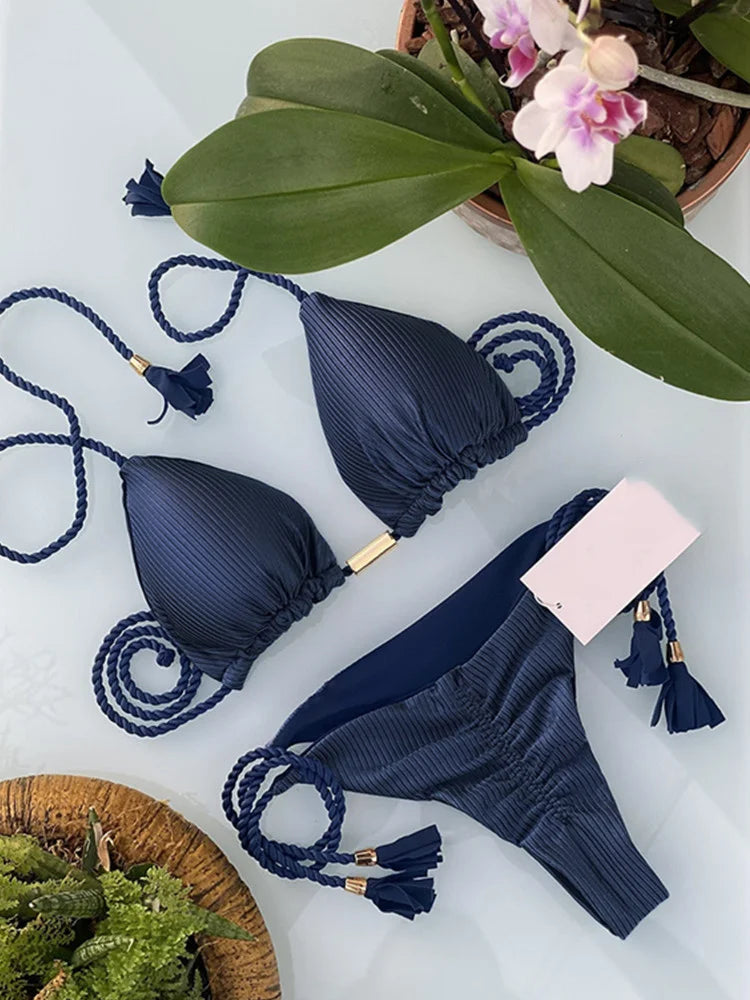 Multicolor Backless Rope Triangle Bikini Swimsuit