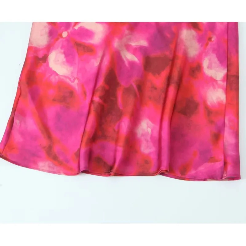 Elegant Printed Satin Midi Dress