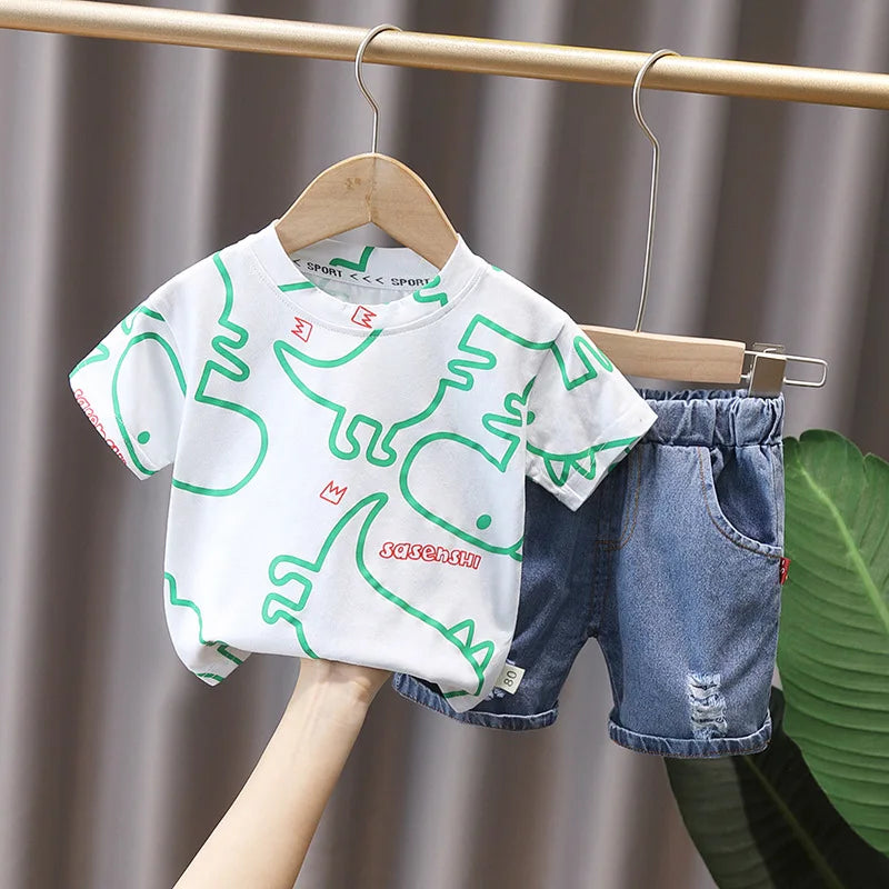 Summer Dinosaur T-shirt and Denim Shorts Outfit Set
