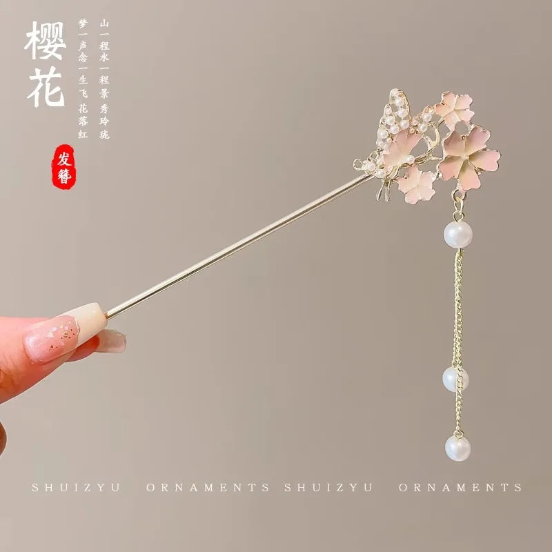 Elegant Chinese Enameled Flower Tassel Hairpin