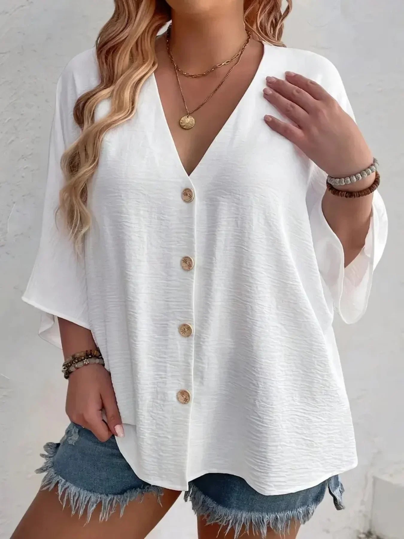 Plus-Size V-Neck Button T-Shirt