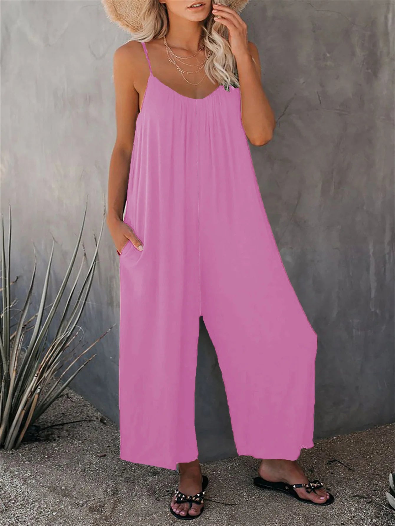 Summer Solid Color Pocket Jumpsuit