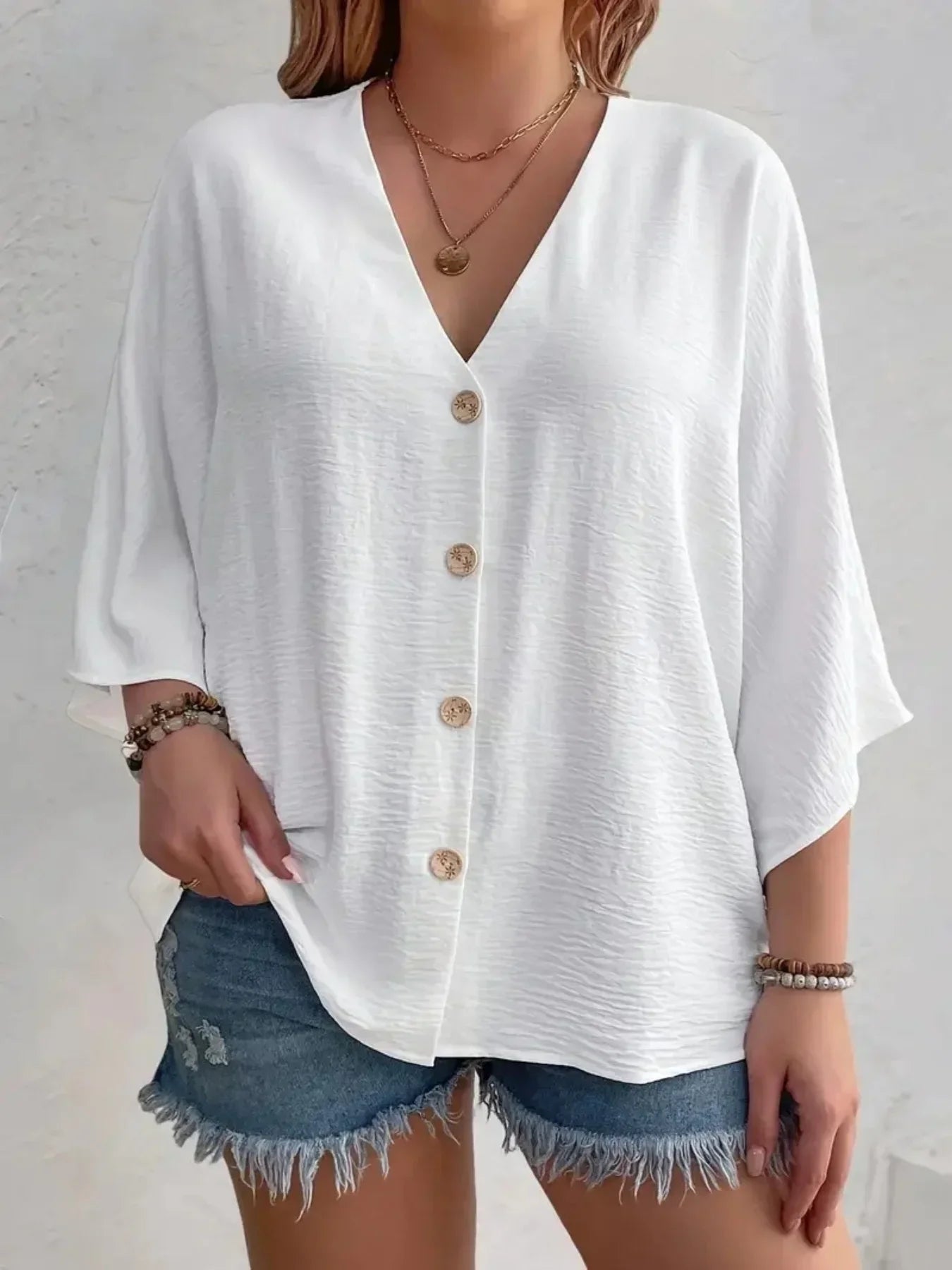 Plus-Size V-Neck Button T-Shirt
