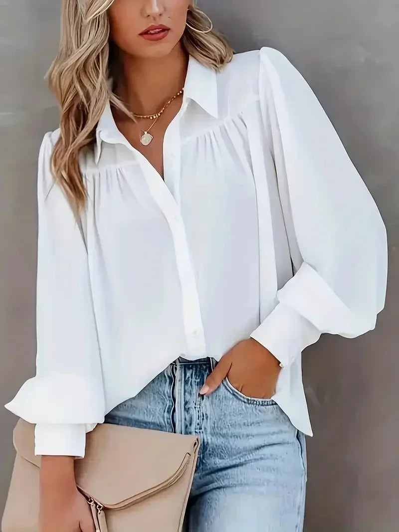 Plus Size Lantern Sleeve Button-Up Blouse