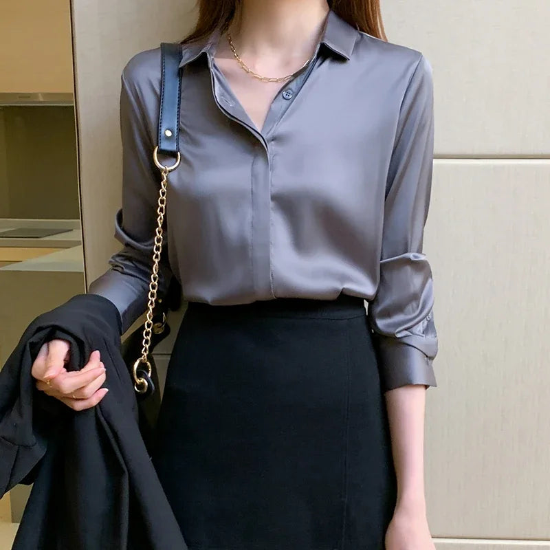 Korean Satin Long Sleeve Blouses