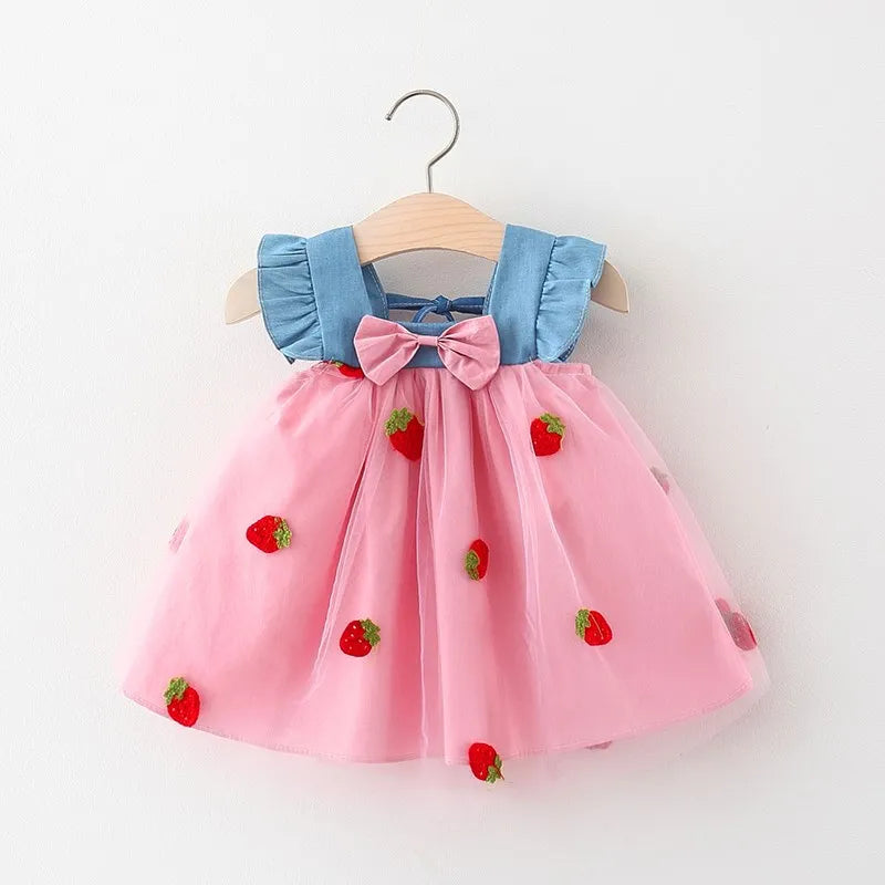 Girls' Summer Princess Dress: Bow Embroidery Mesh Denim Dress