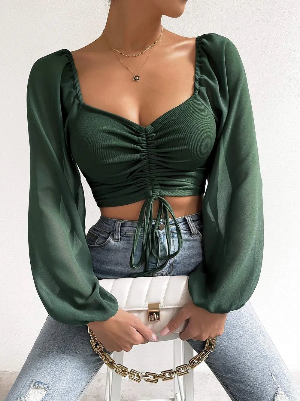 Lace-Up V-Neck Puff Sleeve Top