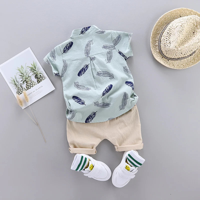 Summer Baby Feather Print Shirt and Shorts Set
