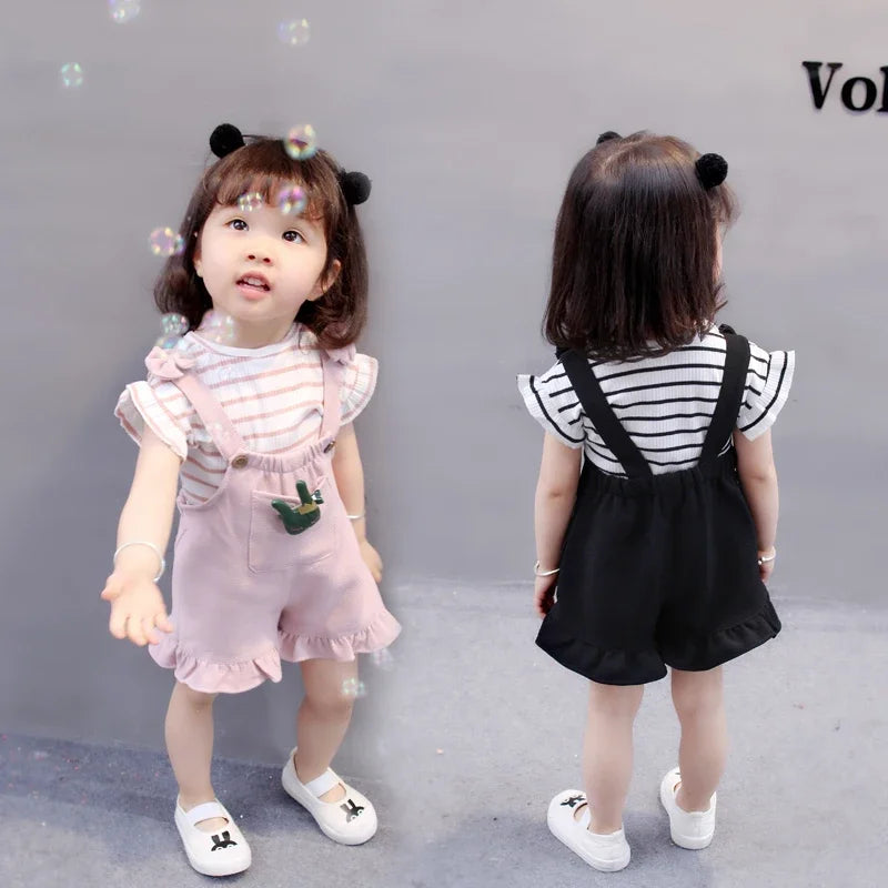 Cute Toddler Girl T-shirt and Suspender Shorts Outfit Set