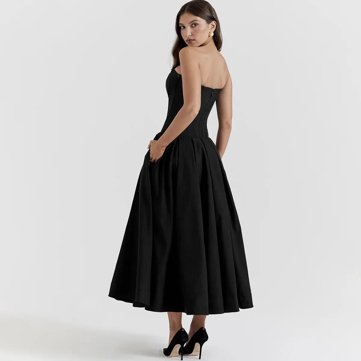 Elegant Black Strapless Corset Midi Dress