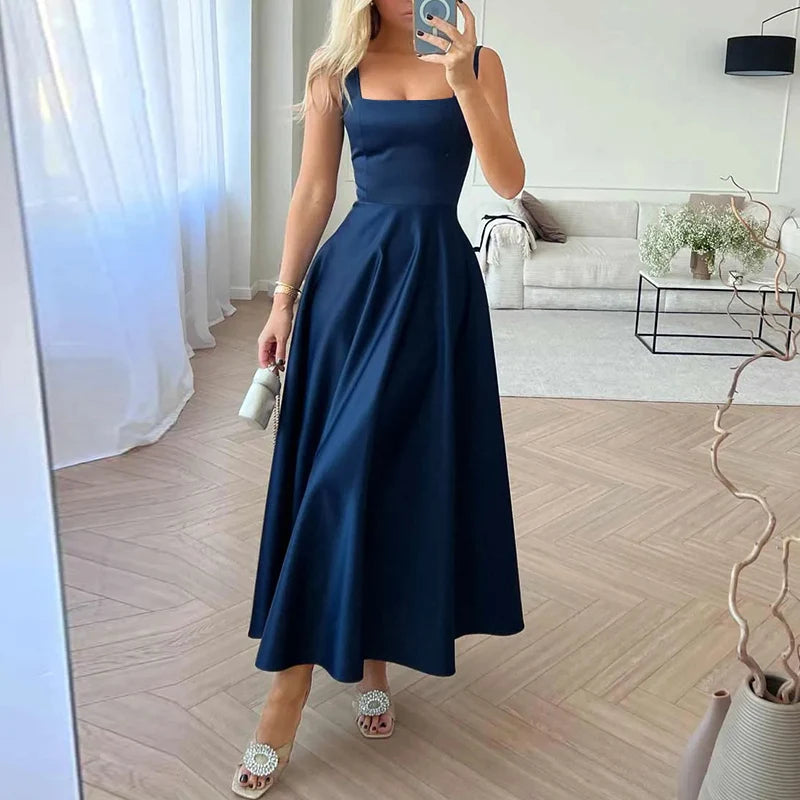 Elegant Satin Silk Square Neck Maxi Dress