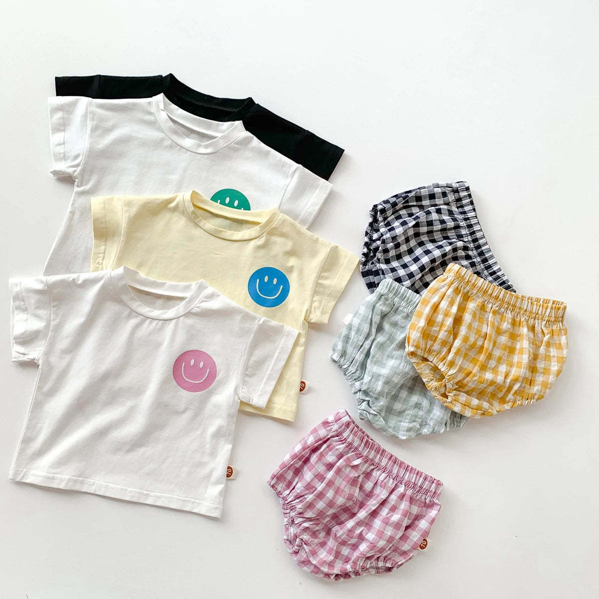 Summer Baby Smile T-Shirt and Plaid Shorts Outfit Set