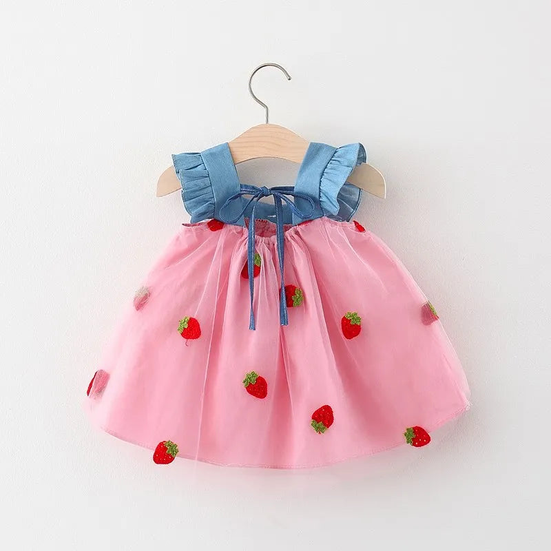 Girls' Summer Princess Dress: Bow Embroidery Mesh Denim Dress