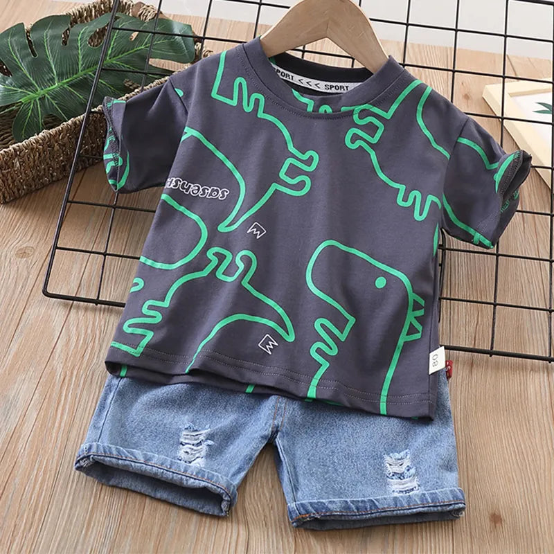Summer Dinosaur T-shirt and Denim Shorts Outfit Set