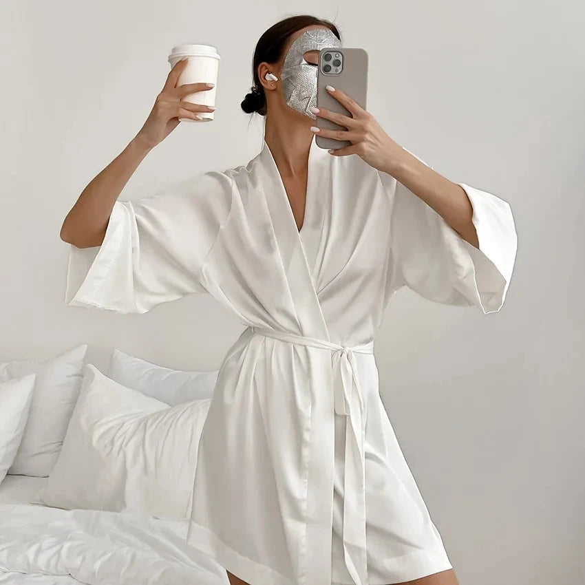 White Bridal Silk Satin Kimono Robe