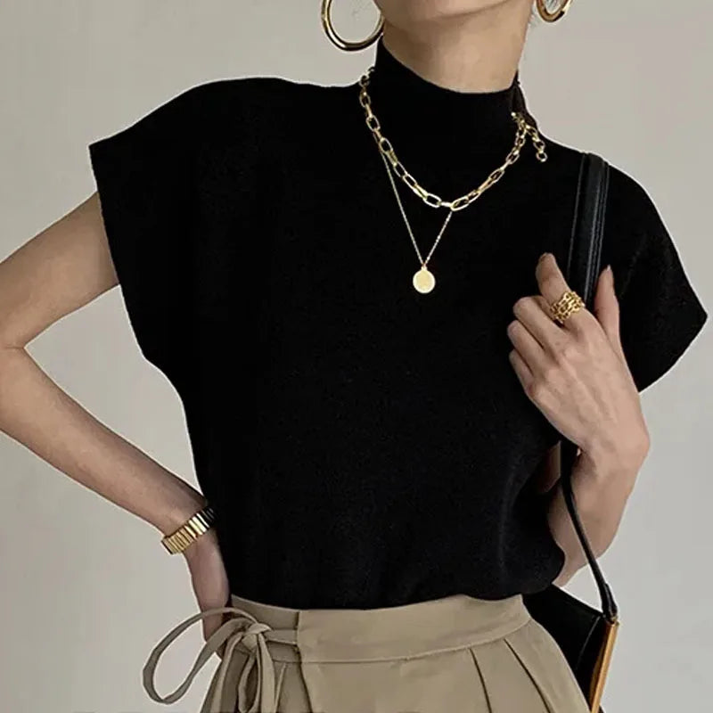 Elegant Knitted Stand Collar Short Sleeve Top