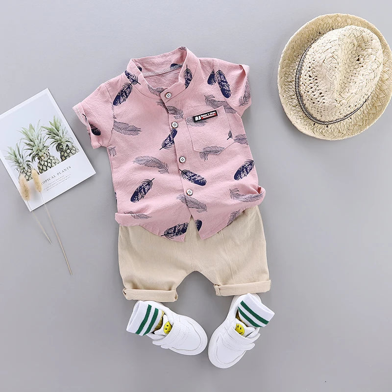 Summer Baby Feather Print Shirt and Shorts Set