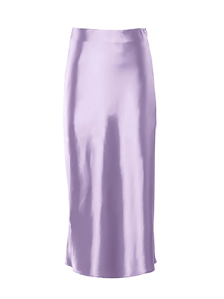 Elegant High Waisted Purple Silk Midi Office Skirt