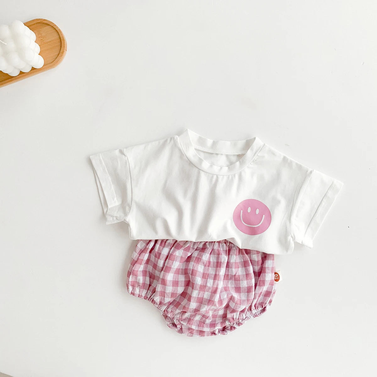 Summer Baby Smile T-Shirt and Plaid Shorts Outfit Set