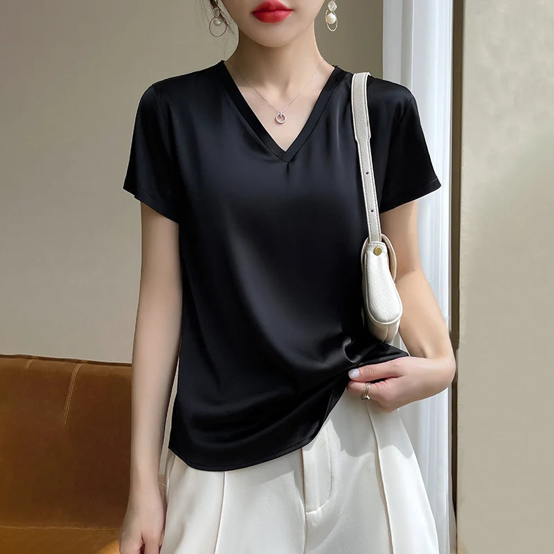 Summer Satin V-Neck T-Shirts