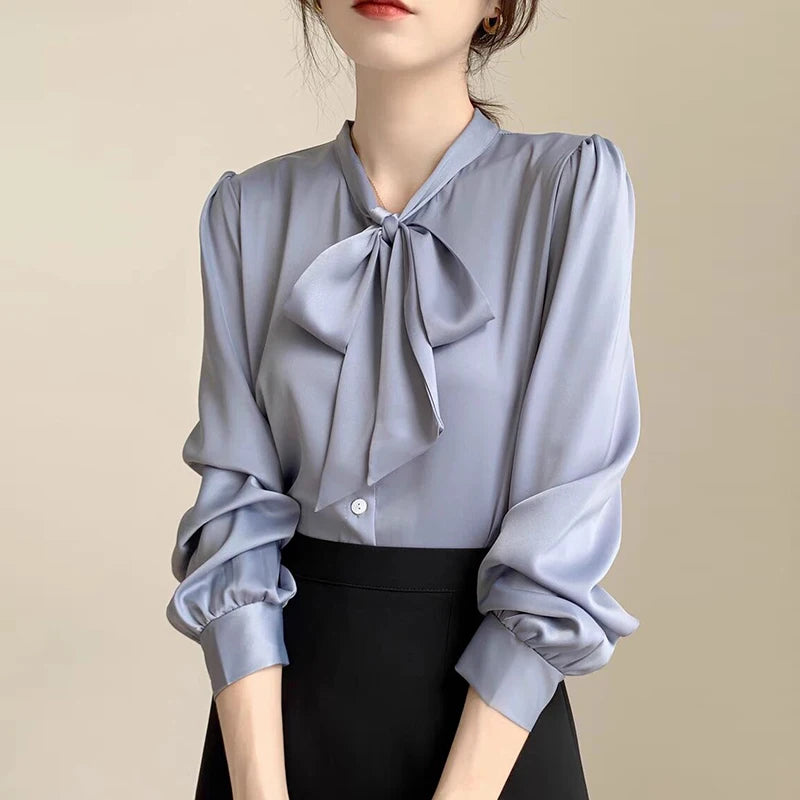 Blue Satin Bow Blouse