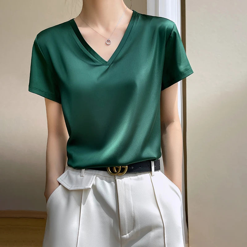 Summer Satin V-Neck T-Shirts