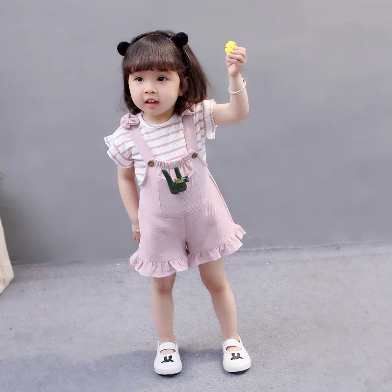 Cute Toddler Girl T-shirt and Suspender Shorts Outfit Set