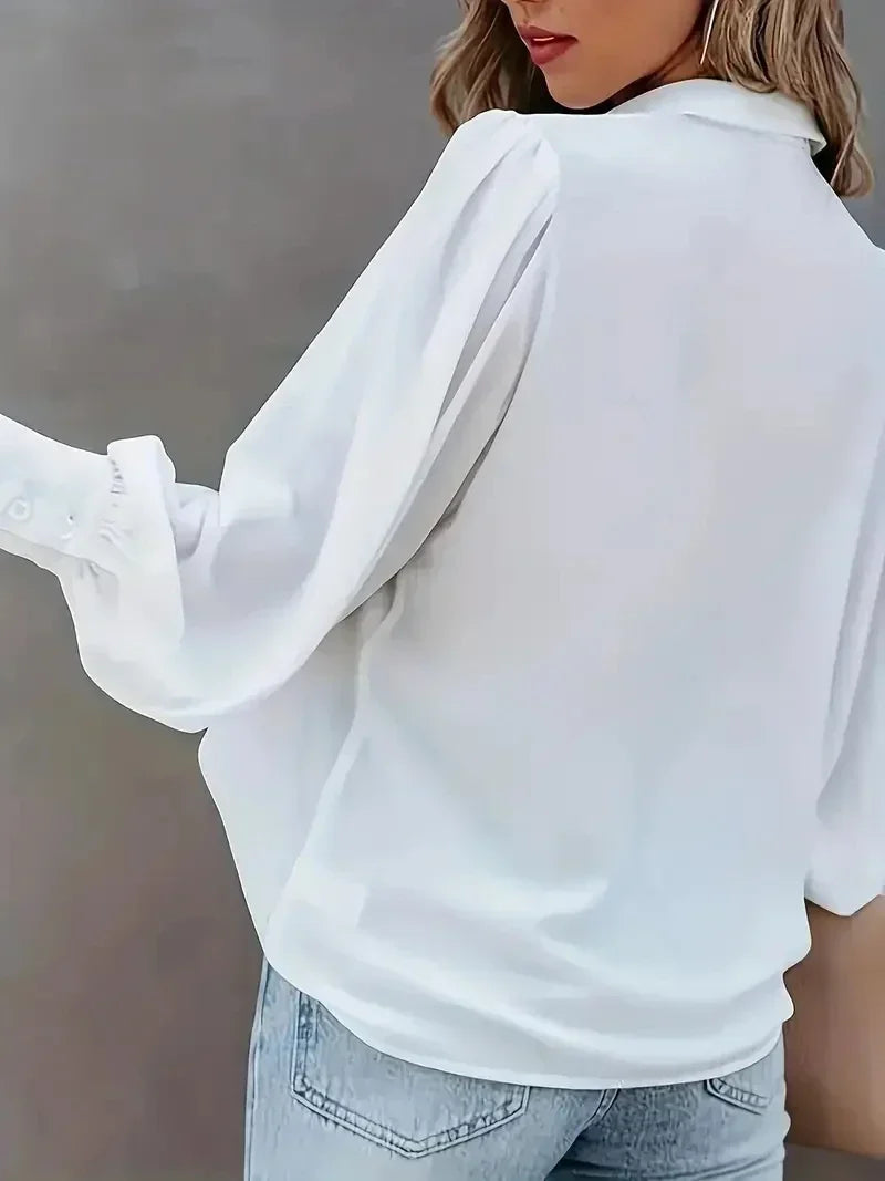 Plus Size Lantern Sleeve Button-Up Blouse