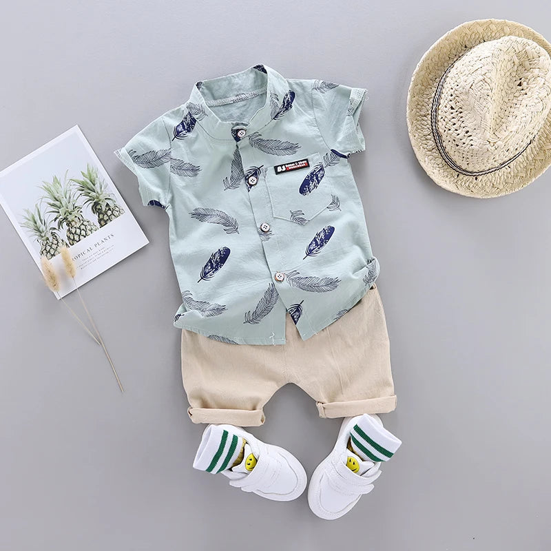 Summer Baby Feather Print Shirt and Shorts Set