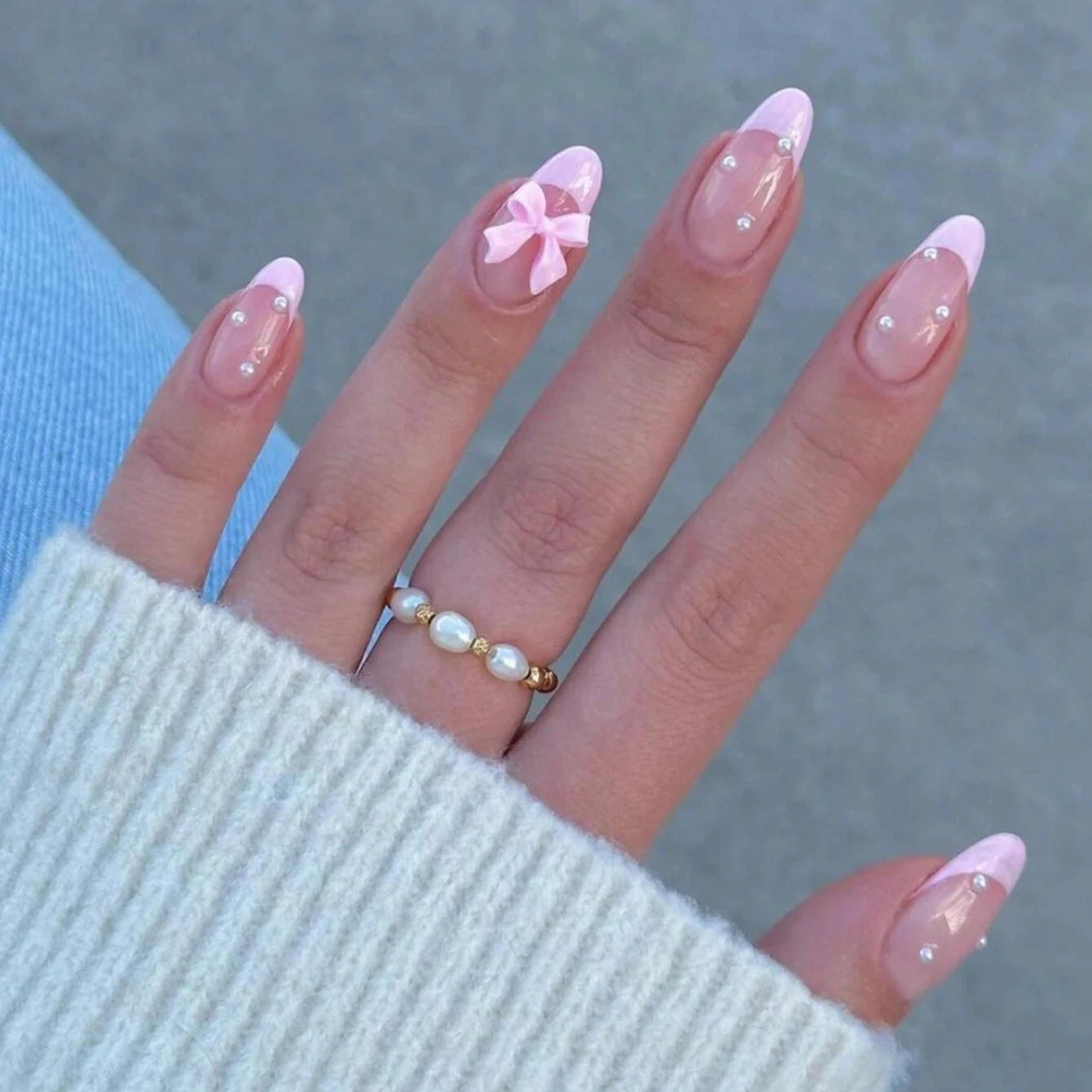 24PCS Pink French Almond Press-On Nails