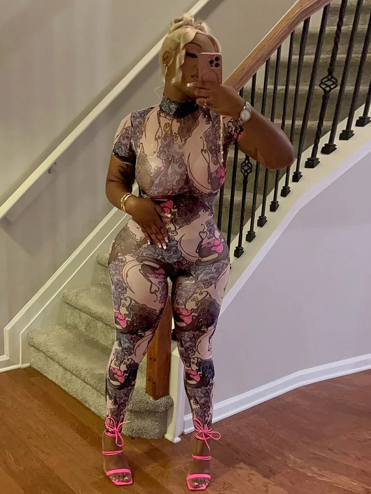 Colorful Print Mesh Backless Jumpsuit