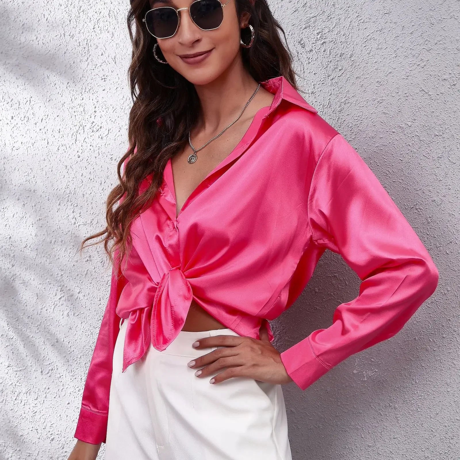 Elegant Satin Silk Long Sleeve Button-Up Shirt