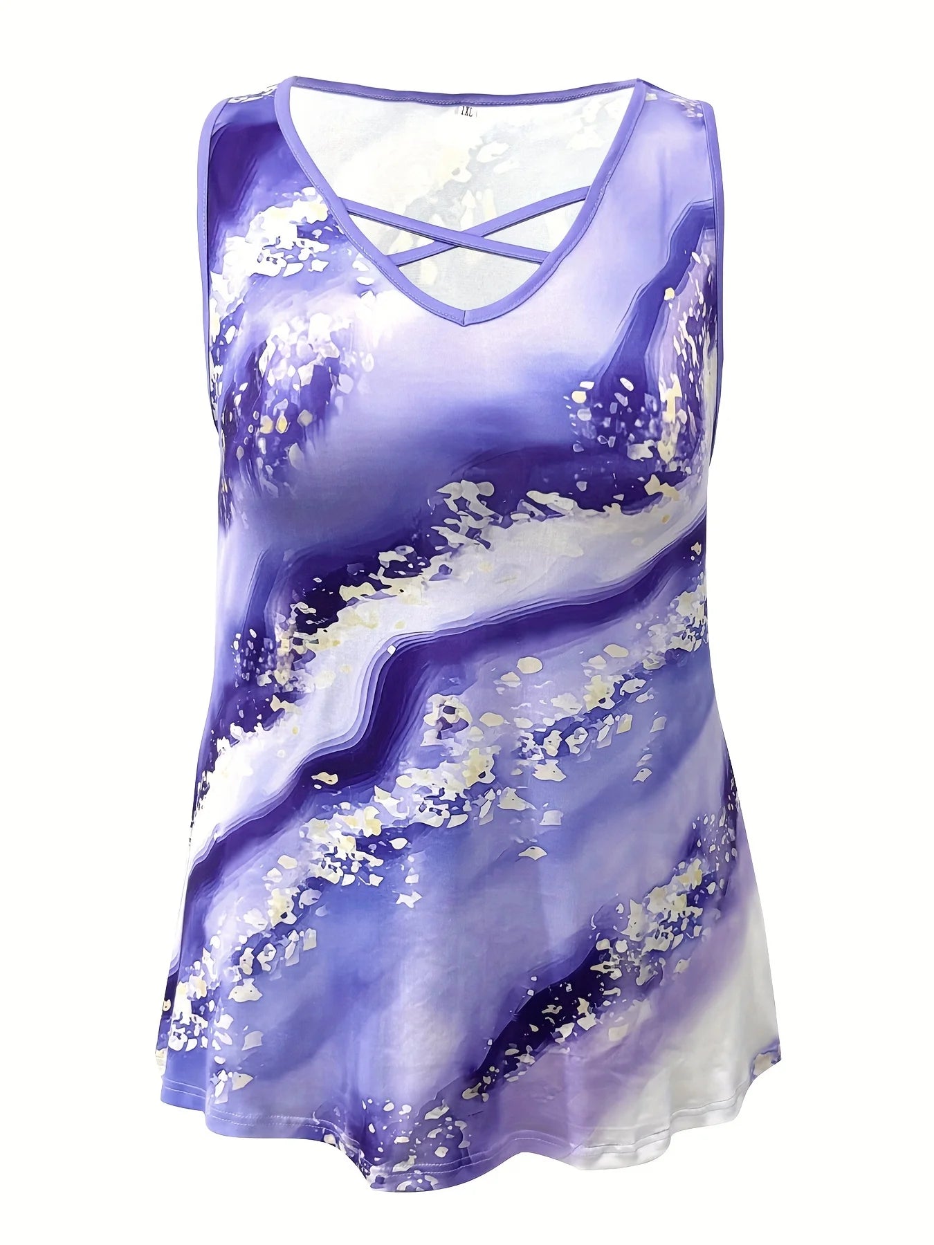 Plus Size Marble Print V-Neck Crisscross Tank Top